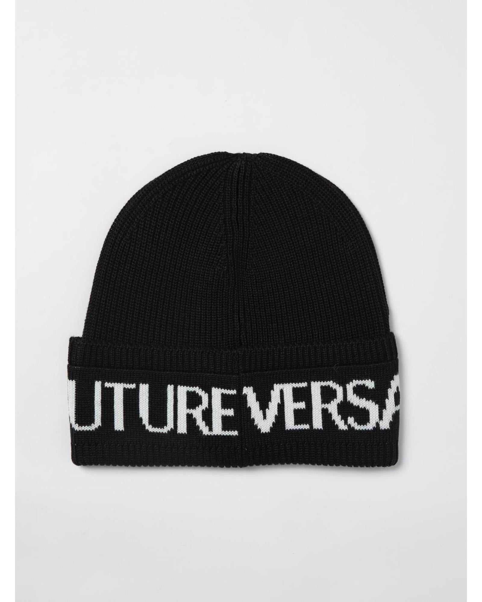 Versace Jeans Couture Ribbed Knit Beanie with Logo Band Women Black Hats