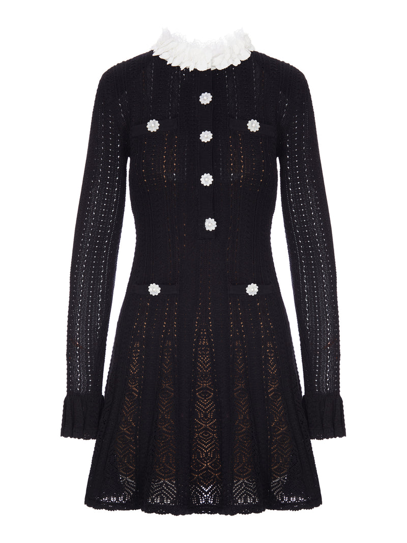 Self-Portrait Women Short Dress In Openwork Knit With Floral Collar And Jewel Buttons