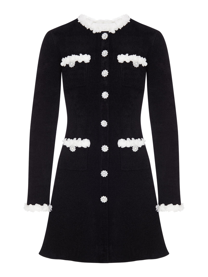 Self-Portrait Women Short Ribbed Knit Dress With Floral Profiles And Jewel Buttons
