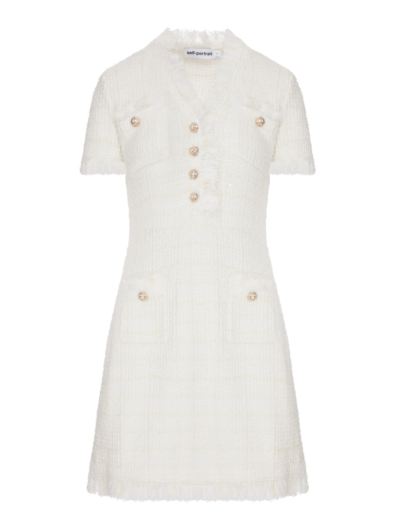Self-Portrait Women Short Tweed Dress With Jewel Buttons And Fringed Edges