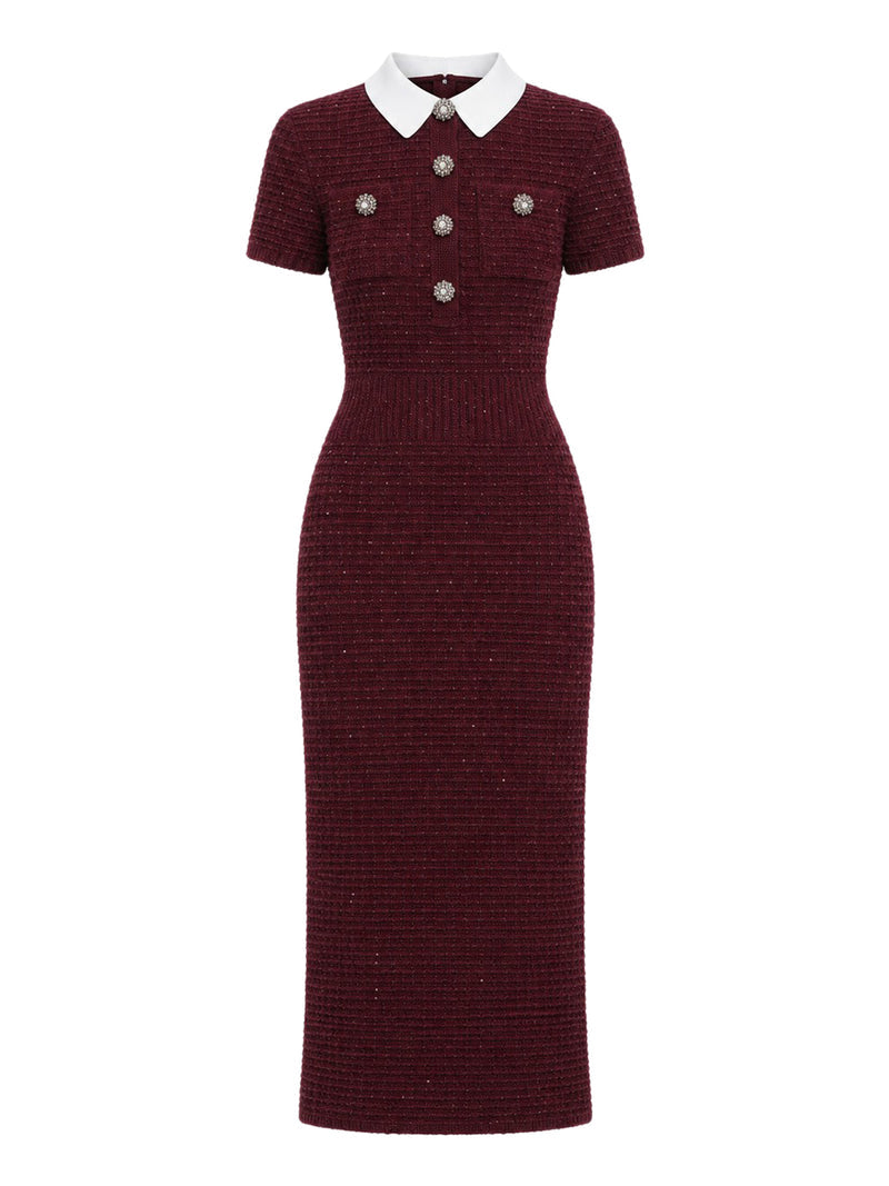 Self-Portrait Women Bordeaux Textured Knit Midi Dress