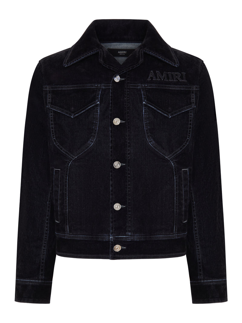 Amiri Men Flocked Denim Jacket With Embroidered Logo And Metal Buttons