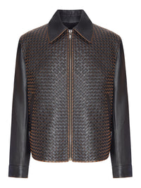 Bottega Veneta Men Woven Leather Jacket With A Vintage Look