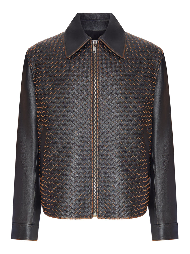 Bottega Veneta Men Woven Leather Jacket With A Vintage Look