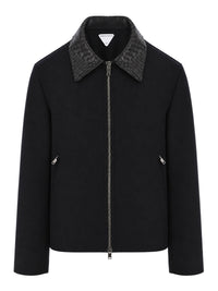 Bottega Veneta Men Black Jacket With Braided Leather Collar