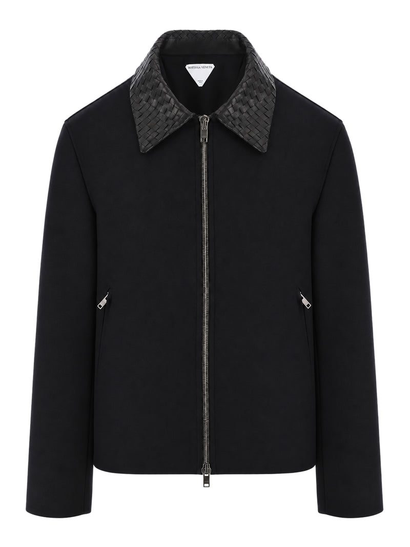 Bottega Veneta Men Black Jacket With Braided Leather Collar