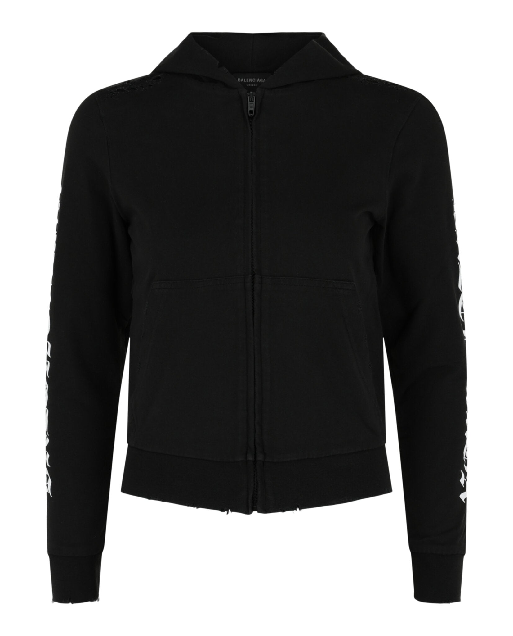 Balenciaga Womens Distressed Print Logo Zip-Up Hoodie