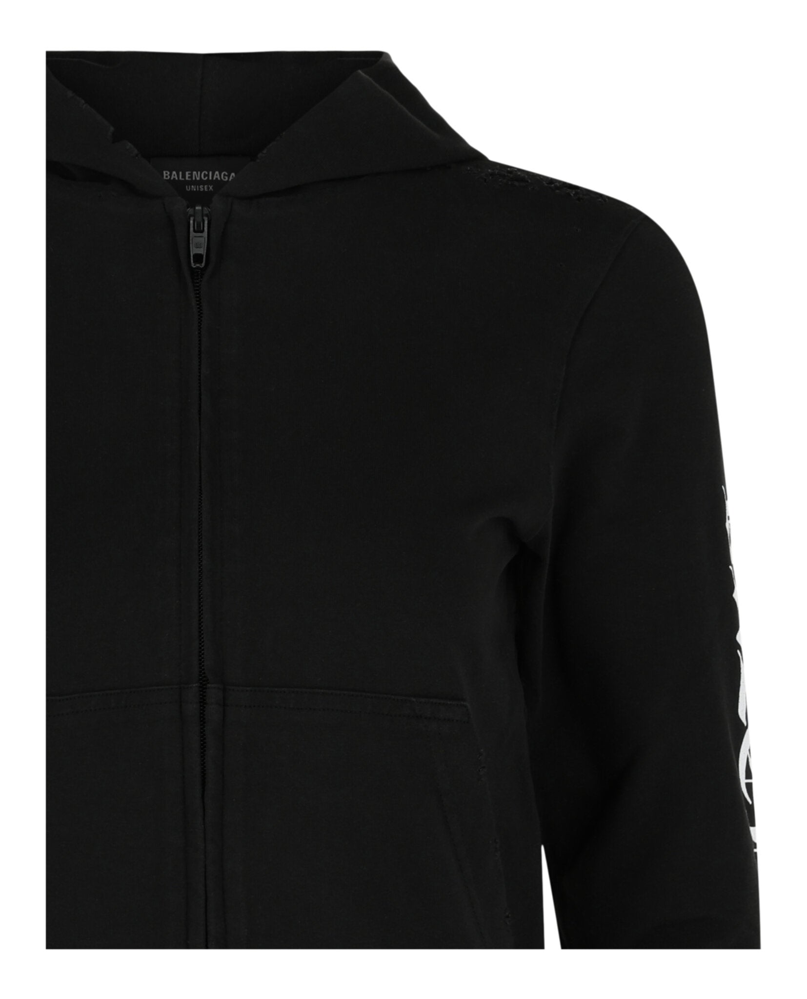 Balenciaga Womens Distressed Print Logo Zip-Up Hoodie