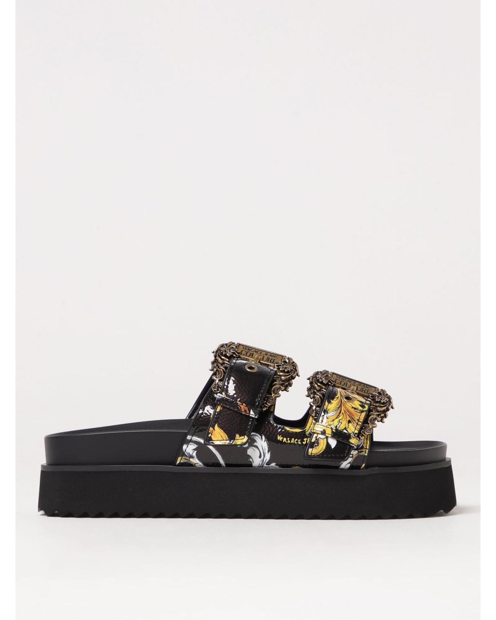 Versace Jeans Couture Baroque Print Platform Slides with Double Buckle Women Black Flat Sandals