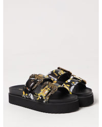 Versace Jeans Couture Baroque Print Platform Slides with Double Buckle Women Black Flat Sandals