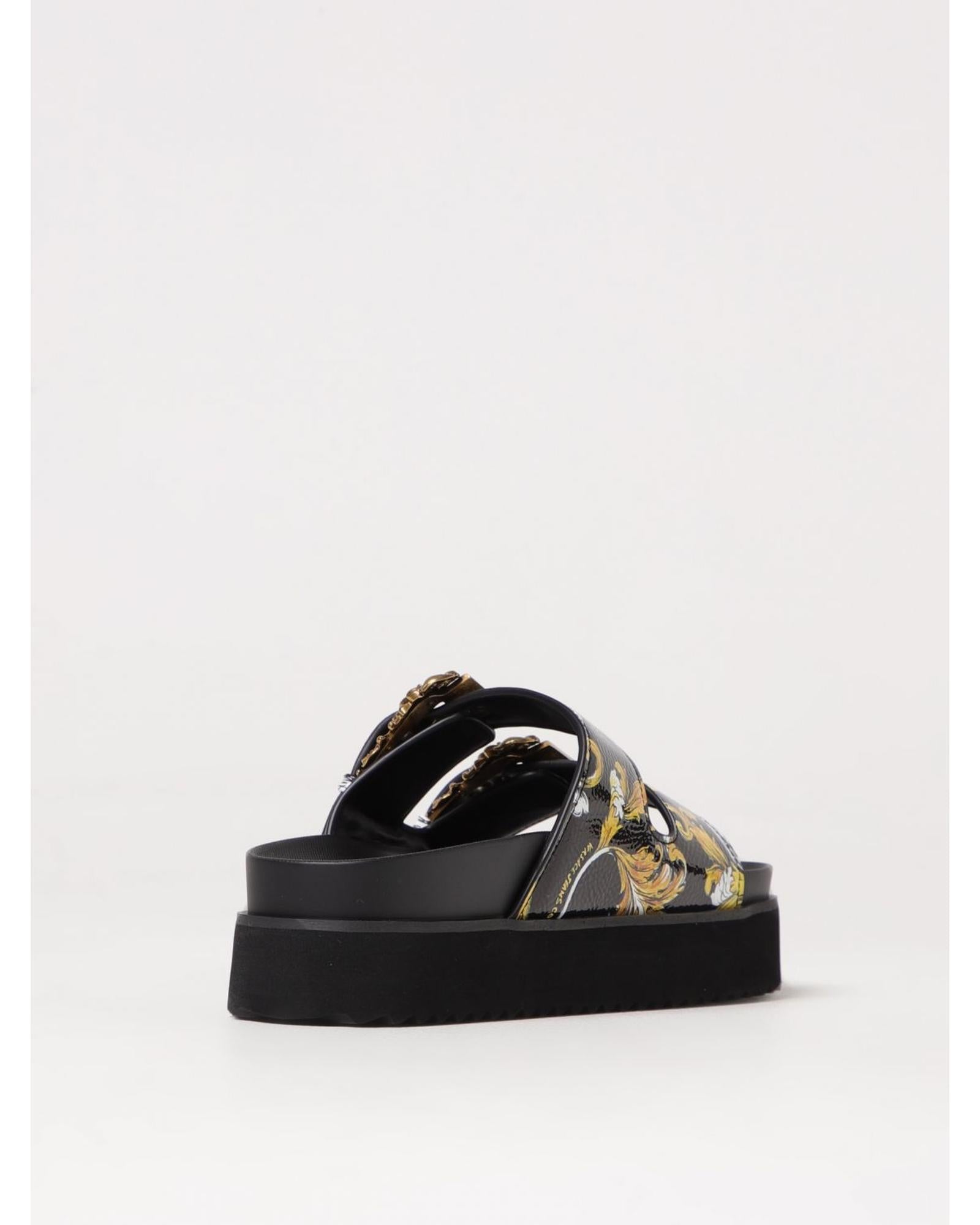 Versace Jeans Couture Baroque Print Platform Slides with Double Buckle Women Black Flat Sandals