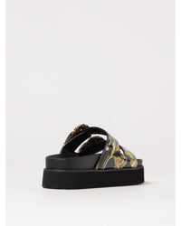 Versace Jeans Couture Baroque Print Platform Slides with Double Buckle Women Black Flat Sandals