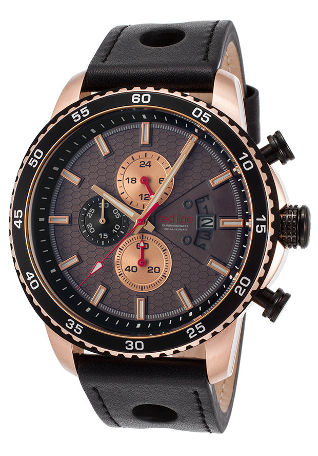Red Line Men's RL-304C-RG-01 Speed Rush 48mm Black Dial Leather Watch Rose-Gold