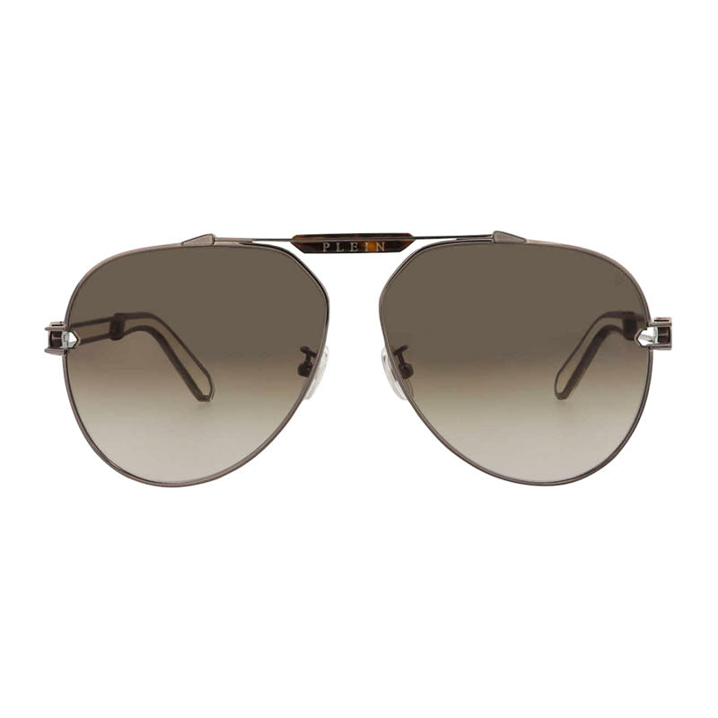 Philipp Plein Sunglasses Aviator Full Rim, Shiny Rose Gold Frame and Grey Gradient Gold Mirror Lens SPP048M033M