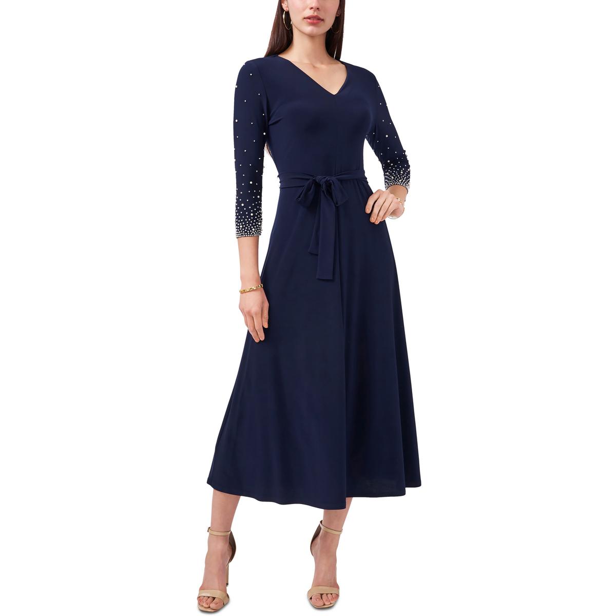 Womens Knit Beaded Midi Dress Navy Blue