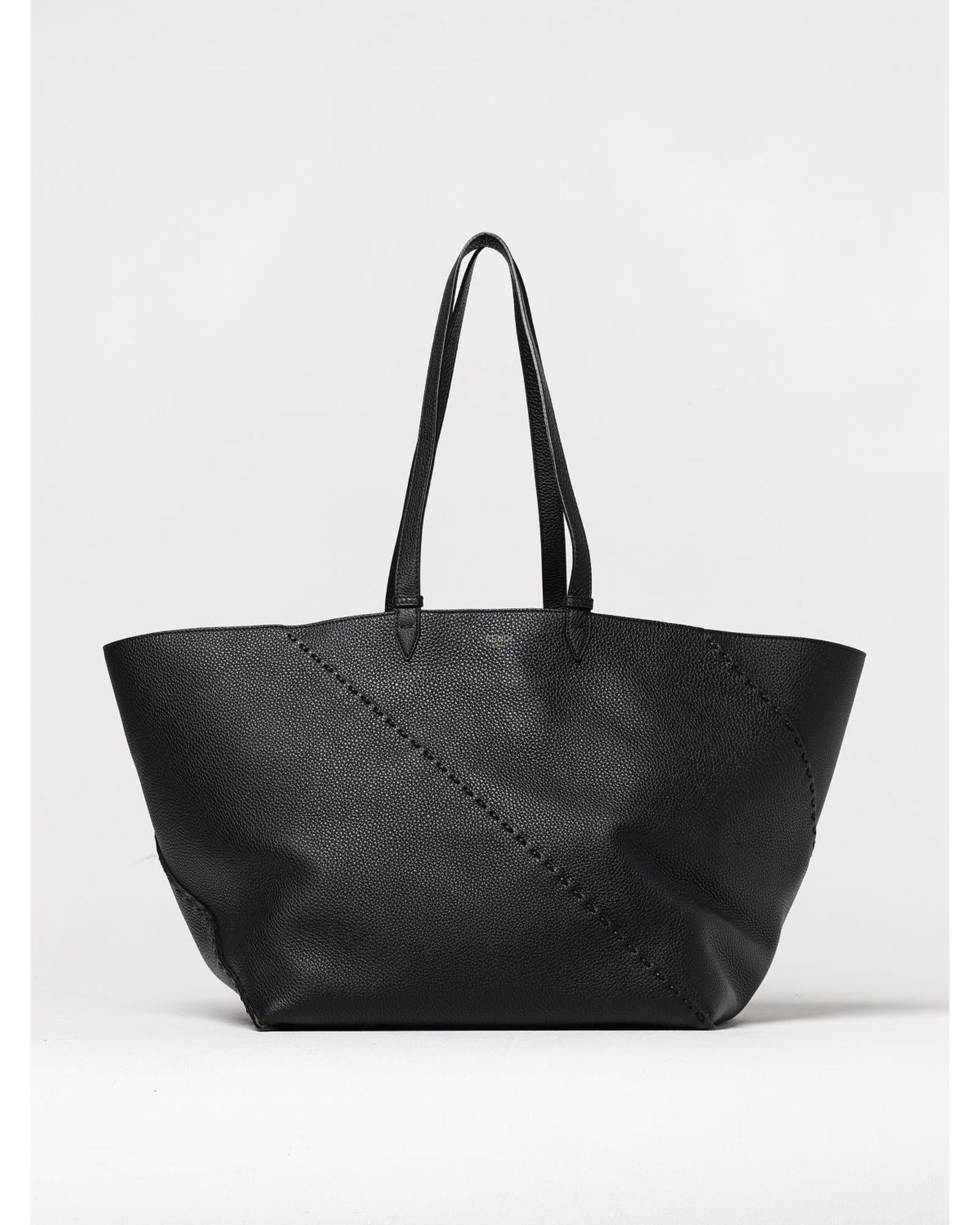 Fendi Leather Tote Bag with Stitch Detail Men Black