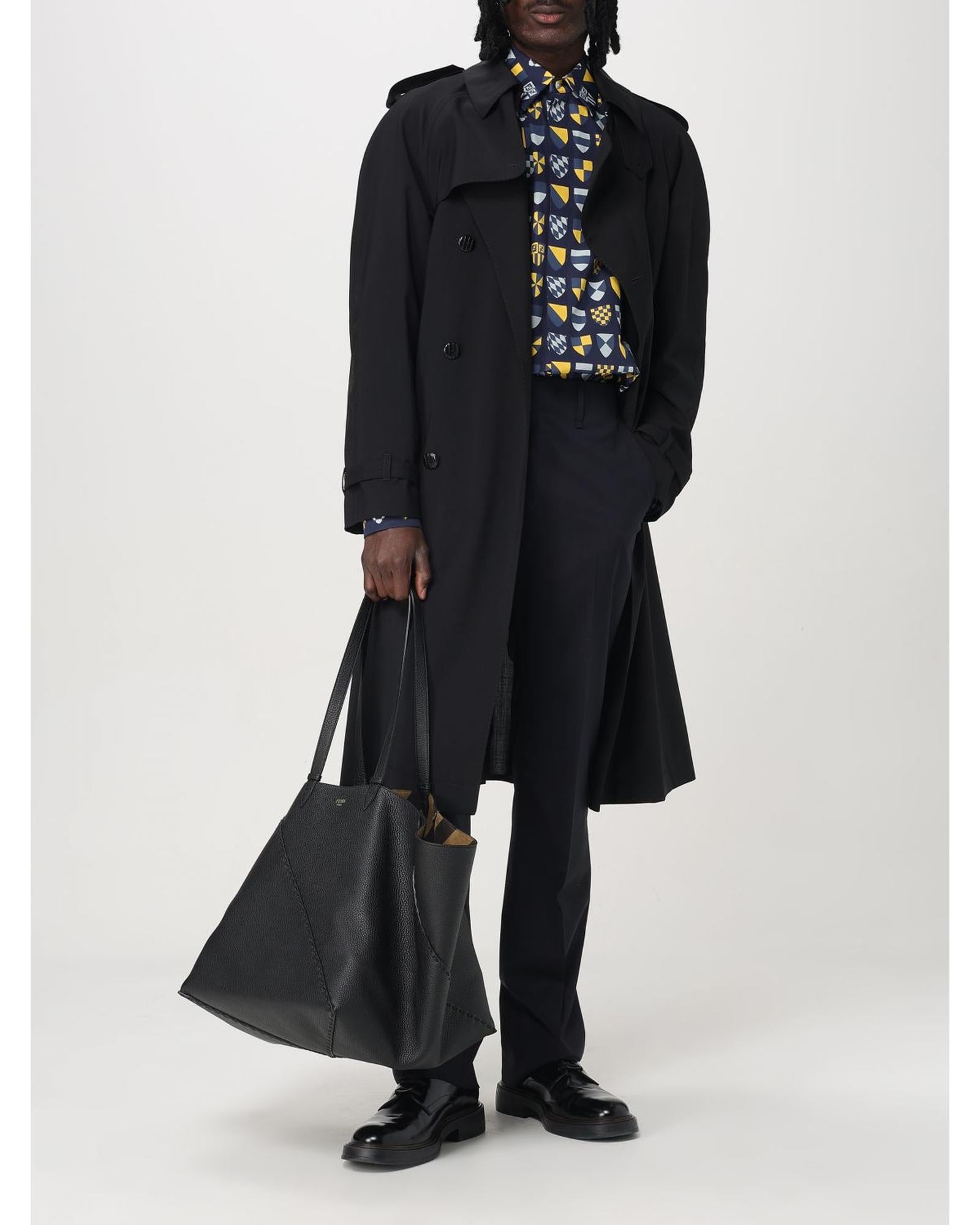 Fendi Leather Tote Bag with Stitch Detail Men Black