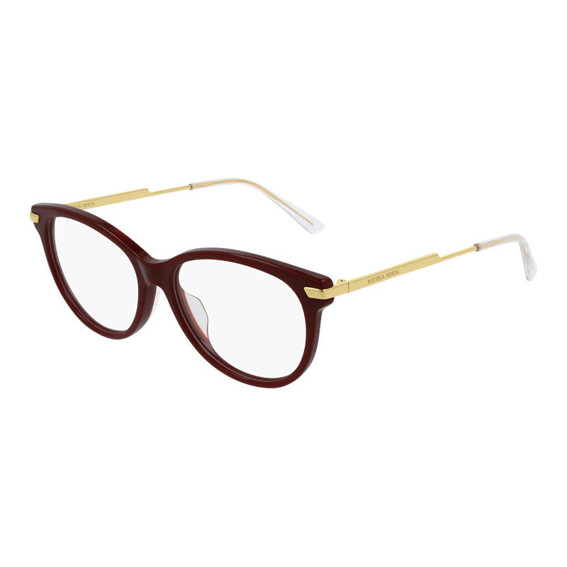 Bottega Veneta Eyeglasses Oval Full Rim, Burgundy/Gold Frame and Clear Demo Lenses Lens BV1039O004