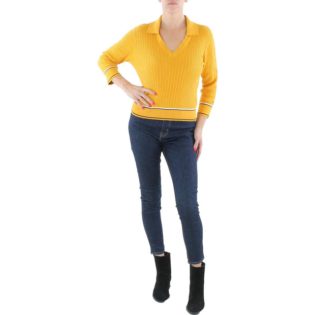 Womens Cable Knit Collared V-Neck Sweater
