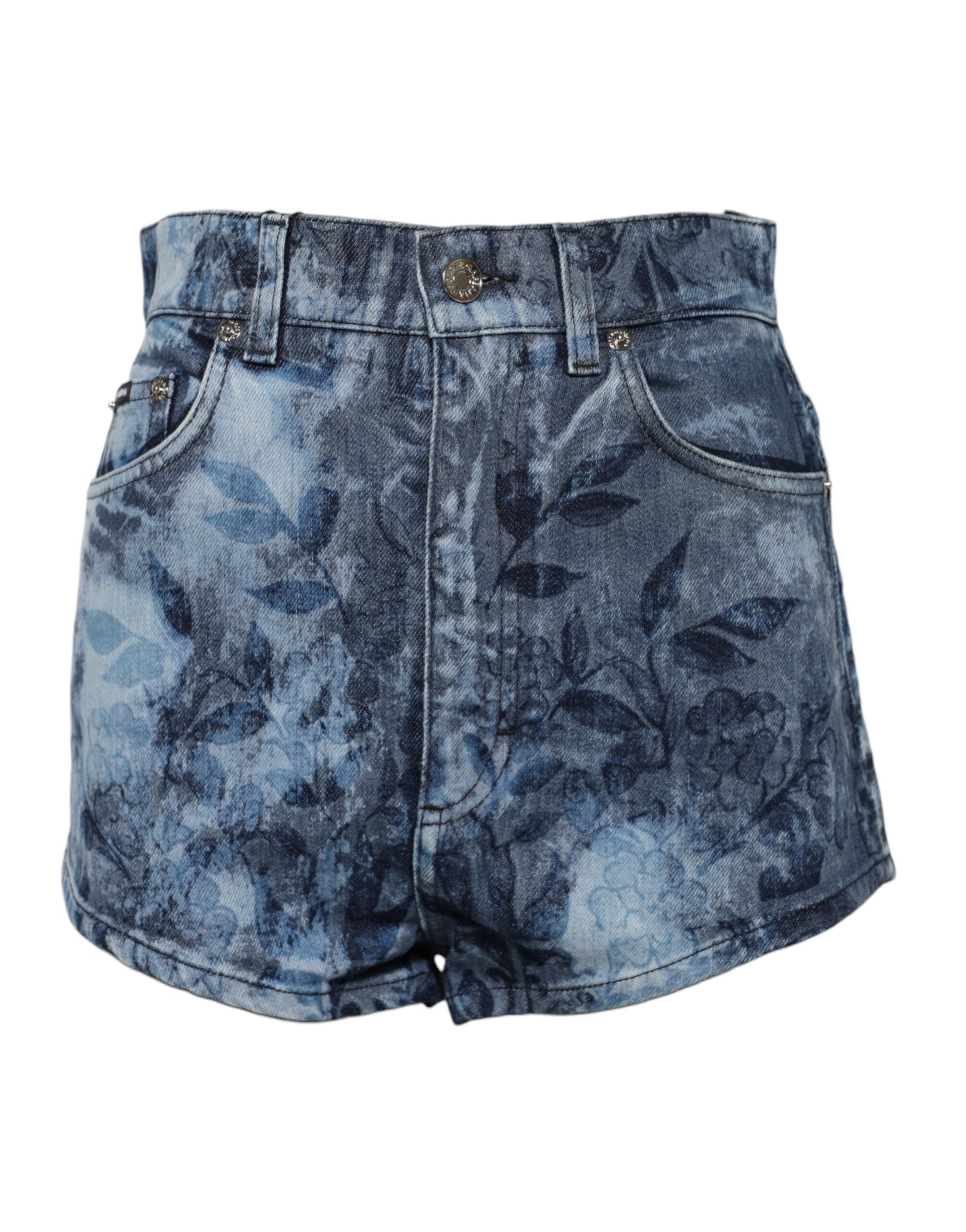 Dolce & Gabbana Blue Floral Print Denim Cotton Hot Pants Women's Shorts