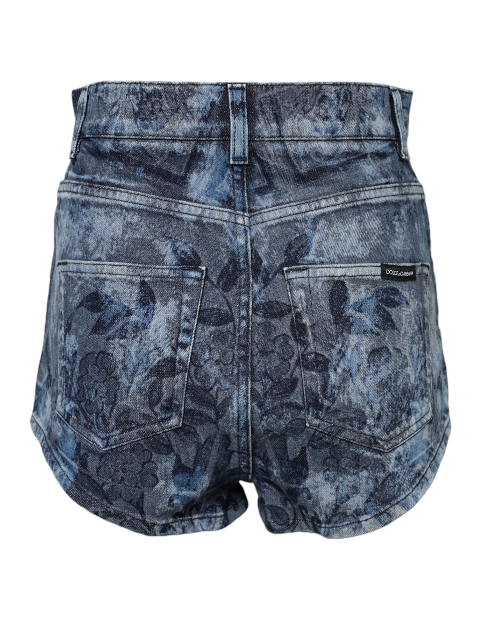 Dolce & Gabbana Blue Floral Print Denim Cotton Hot Pants Women's Shorts