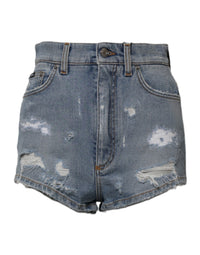 Dolce & Gabbana Blue Tattered Denim Cotton Hot Pants Women's Shorts