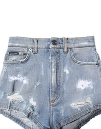 Dolce & Gabbana Blue Tattered Denim Cotton Hot Pants Women's Shorts