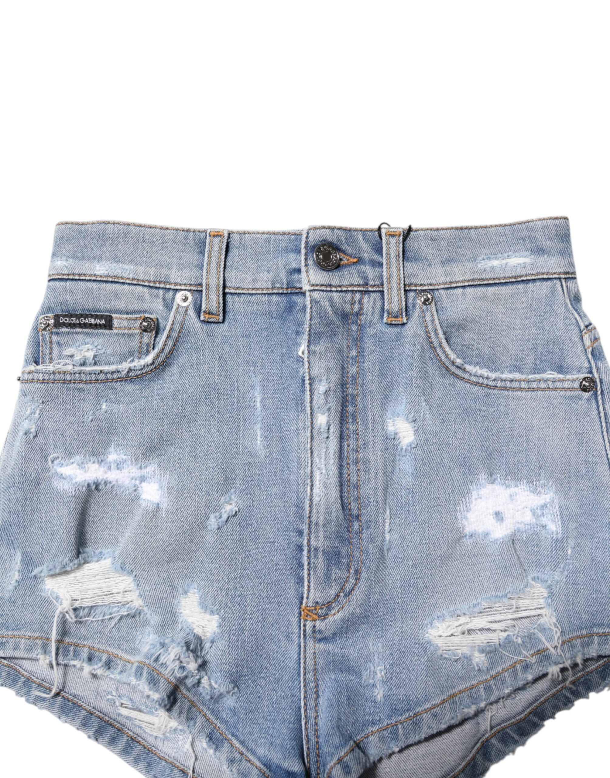 Dolce & Gabbana Blue Tattered Denim Cotton Hot Pants Women's Shorts