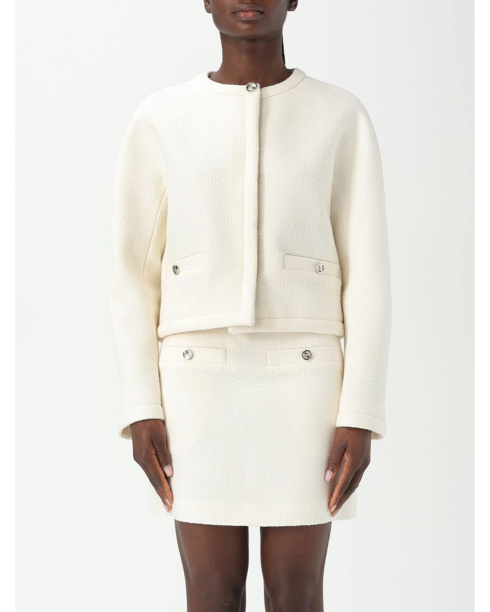 Gucci Tweed Skirt Suit Jacket Women White 10 White