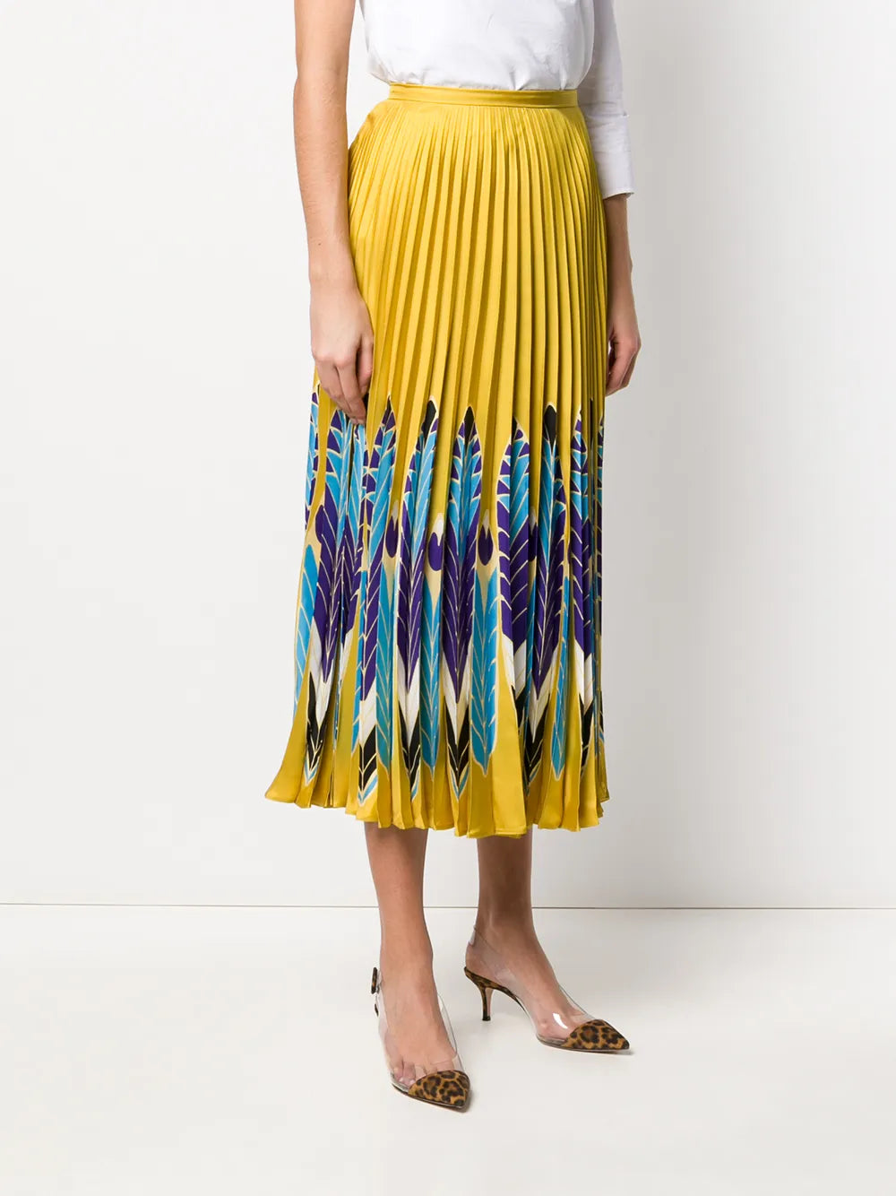 Valentino Garavani Feather Print Pleated Midi Skirt