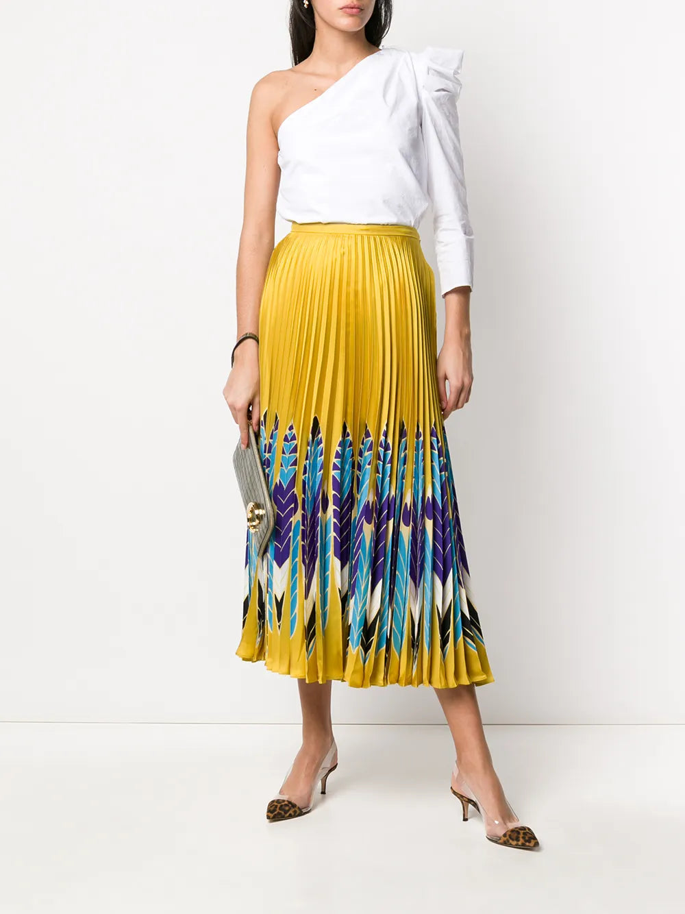 Valentino Garavani Feather Print Pleated Midi Skirt