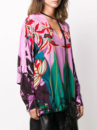 Valentino Garavani Feather-Embellished Mirrored Orchid Ramage Blouse