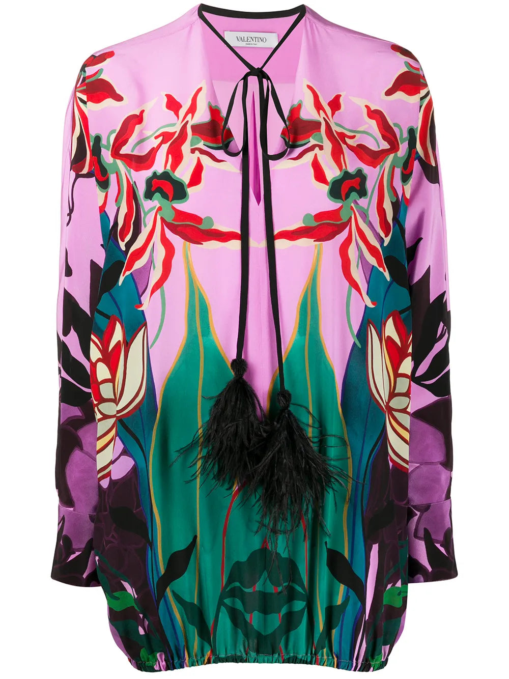 Valentino Garavani Feather-Embellished Mirrored Orchid Ramage Blouse