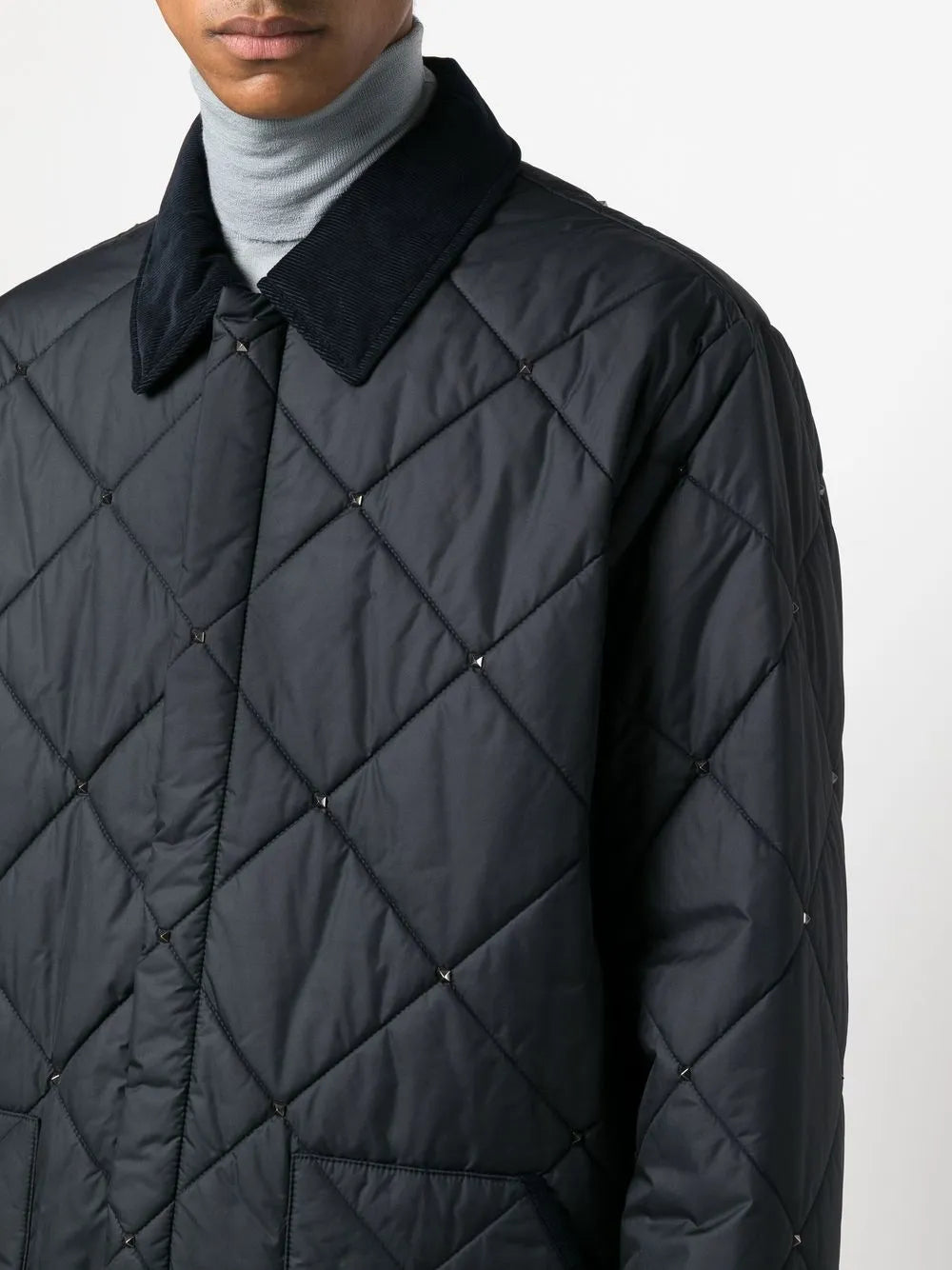 Valentino Garavani Rockstud Diamond-Quilted Short Coat 46" Waist Navy