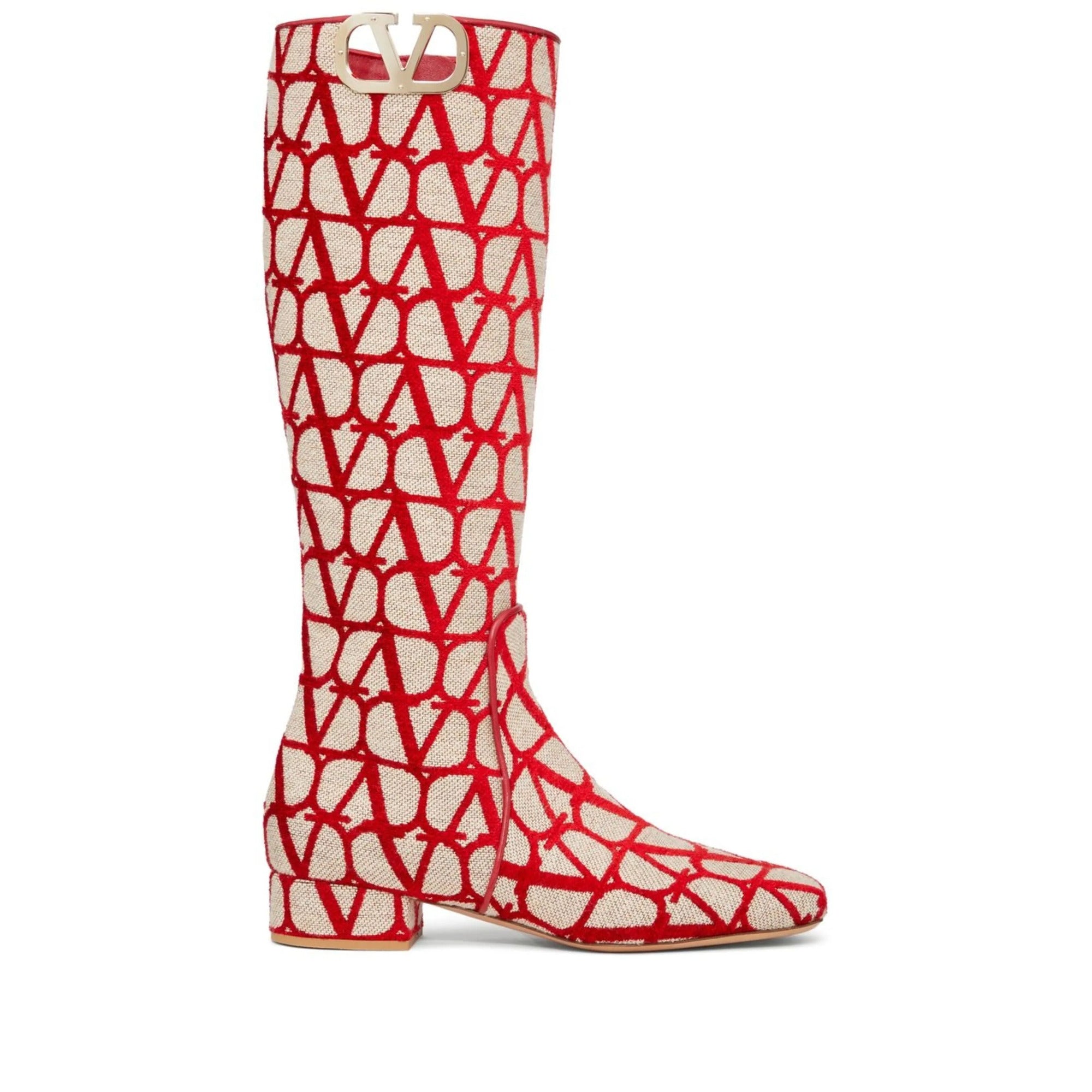 Valentino Garavani Toile Iconographe Calfskin V'logo High Knee High Boots 37 Beige,Red