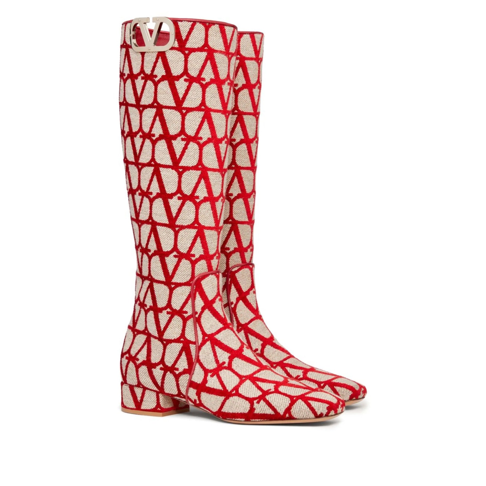 Valentino Garavani Toile Iconographe Calfskin V'logo High Knee High Boots