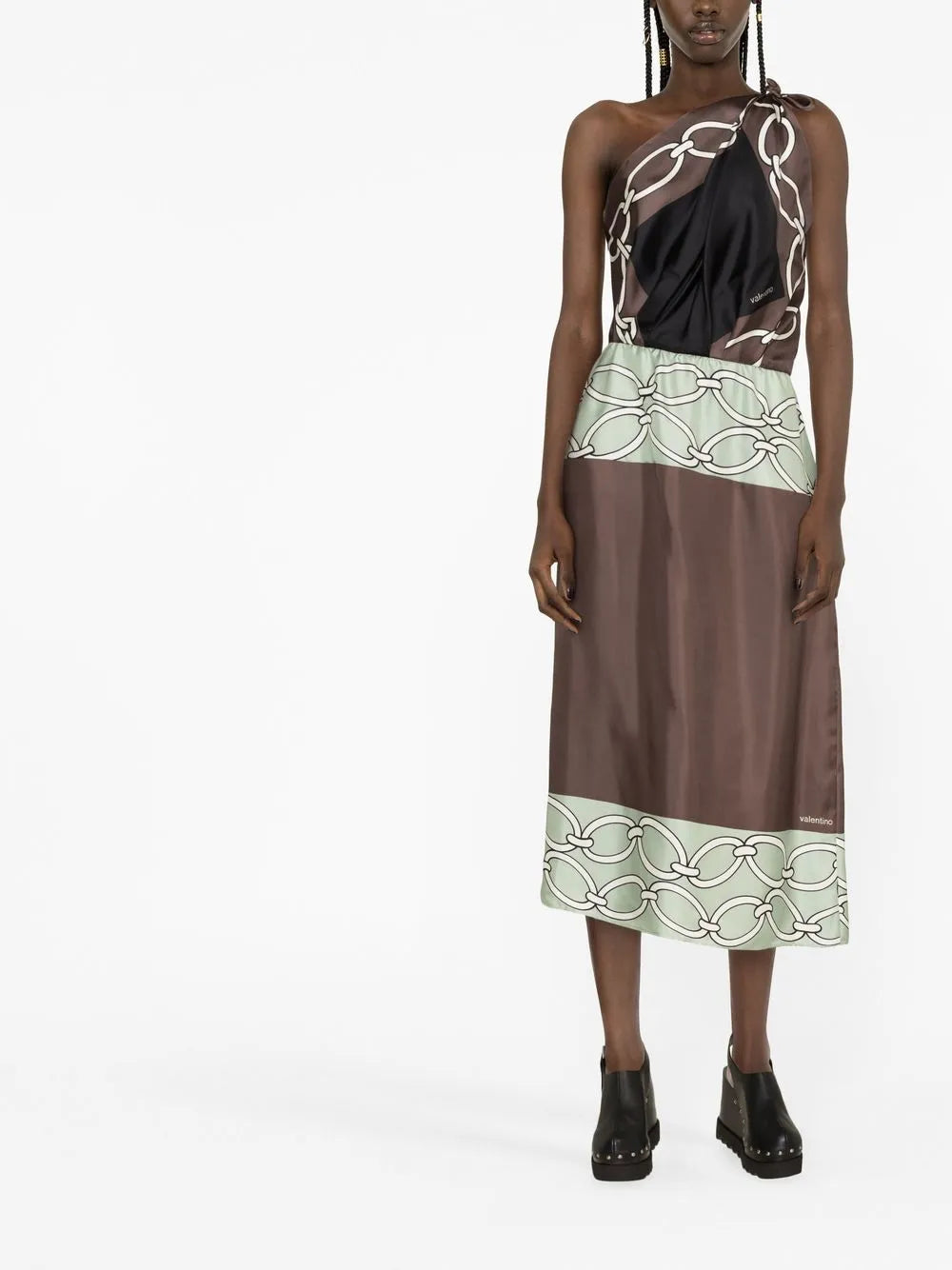 Valentino Chain-Print One-Shoulder Silk Midi Dress