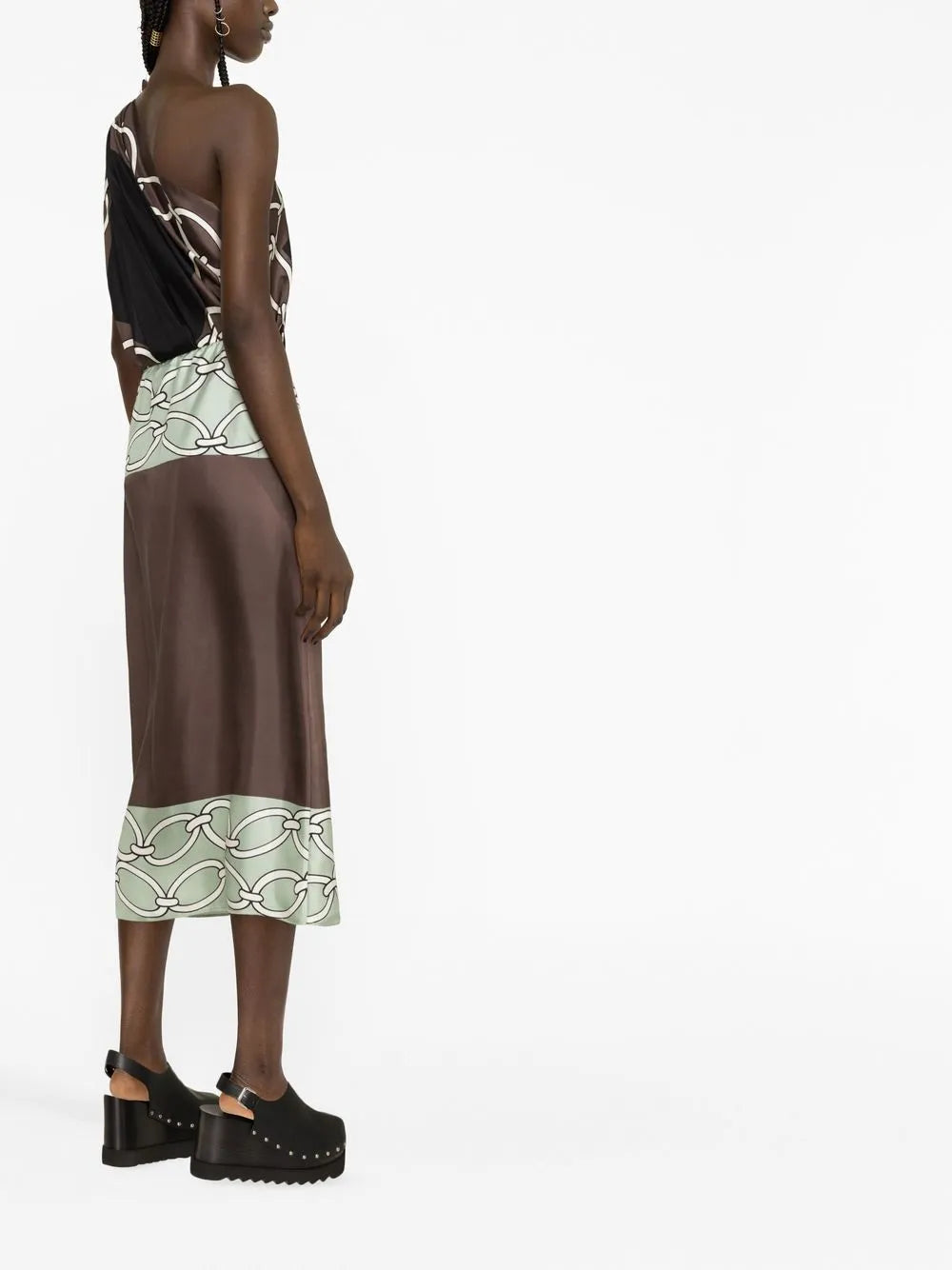 Valentino Chain-Print One-Shoulder Silk Midi Dress