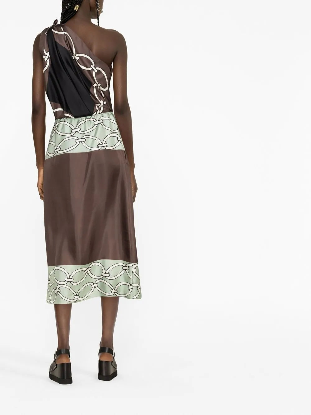 Valentino Chain-Print One-Shoulder Silk Midi Dress