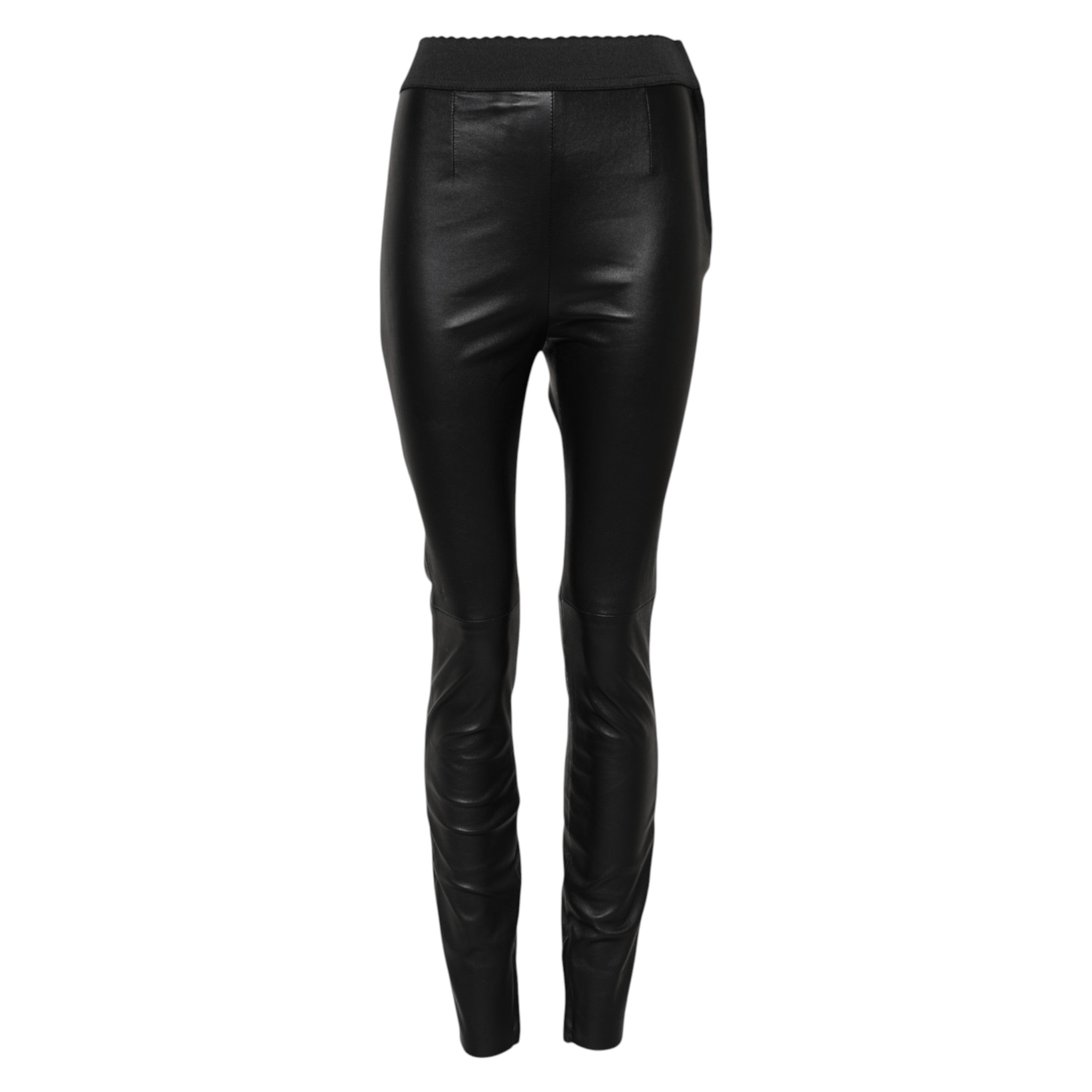 Dolce & Gabbana Black Leather Elastic Waist Women's Pants