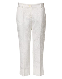 Dolce & Gabbana White Cotton Floral Jacquard Women's Pants