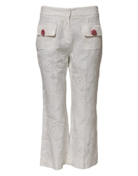 Dolce & Gabbana White Cotton Floral Jacquard Women's Pants