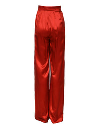Dolce & Gabbana Red Satin High Waist Wide Leg Women's Pants