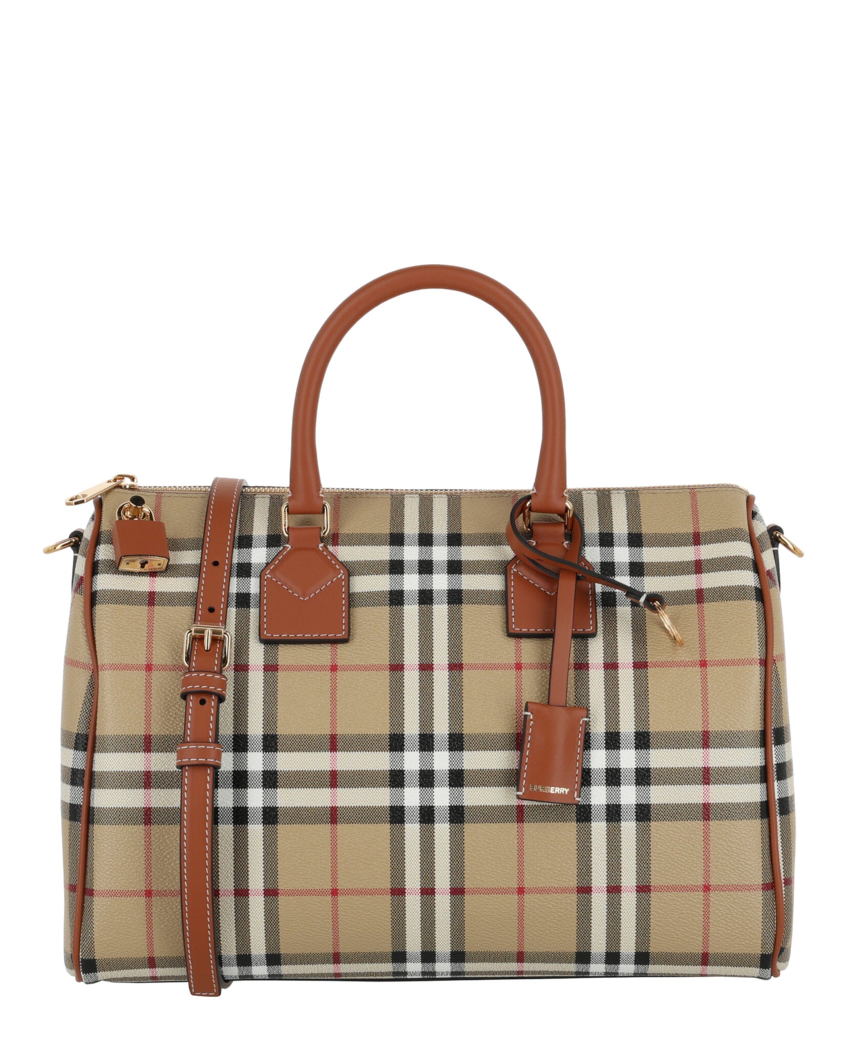 Burberry Womens Medium Check Bowling Bag Medium VNTG CHK BRIAR BROWN