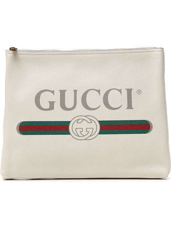 Gucci White Leather Logo Medium Pouch Bag