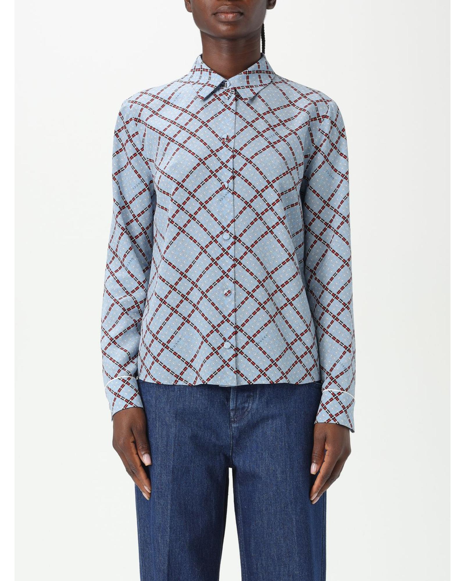 Gucci Printed Silk Blouse Long Sleeves Women Blue Shirts & Tops