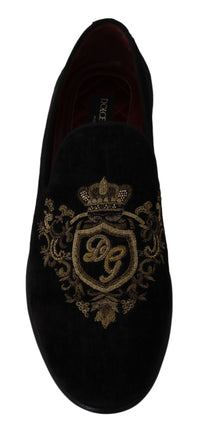 Dolce & Gabbana Loafers Black Velvet Gold Men's Crown