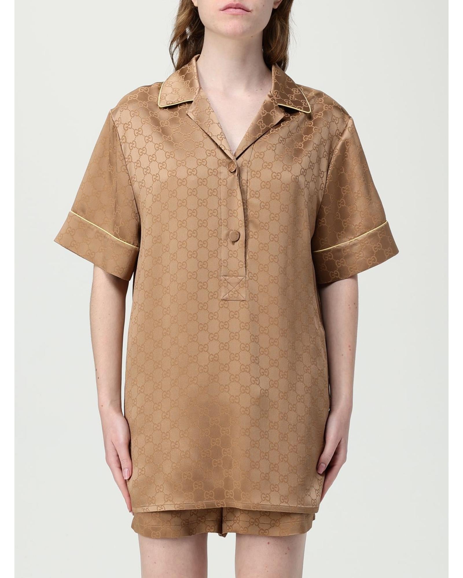 Gucci Silk Pajama Set Short Sleeves Women Brown Shirts & Tops