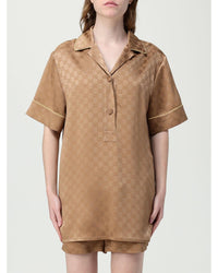 Gucci Silk Pajama Set Short Sleeves Women Brown Shirts & Tops