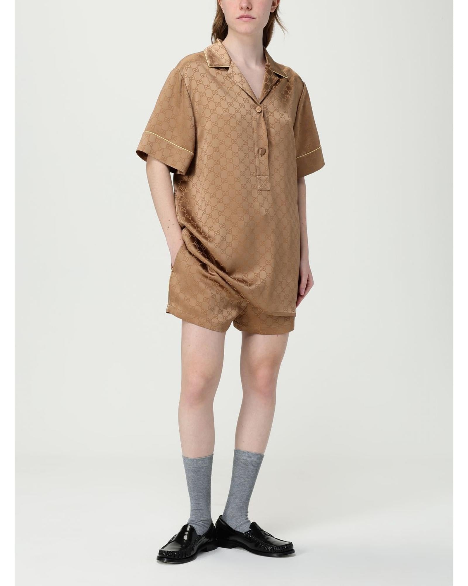 Gucci Silk Pajama Set Short Sleeves Women Brown Shirts & Tops